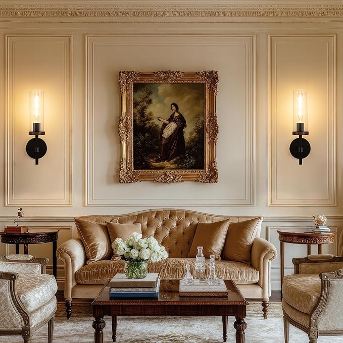 15" Knurled Brass Wall Sconces Set of 2, Black Gold Bathroom Vanity Light Fixtures with Clear Glass Tube, Modern Lamp Lighting for Bedroom, Living Room, Hallway, Staircase, Mirror, Kitchen