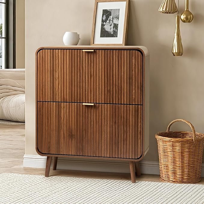 31.5" Fluted Shoe Cabinet with 2 Flip Drawers, Slim Freestanding Shoe Cabinet Organizer, Narrow Shoes Storage Rack for Entryway, 4 Sturdy Legs (Dark Walnut)