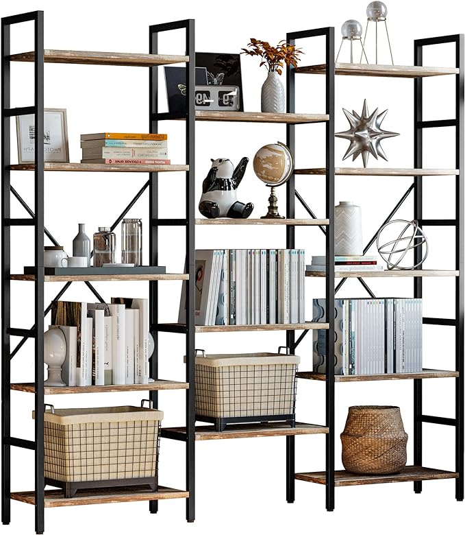 IRONCK Bookcases and Bookshelves Triple Wide 5 Tiers Industrial Bookshelf, Large Etagere Bookshelf Open Display Shelves with Metal Frame for Living Room Bedroom Home Office