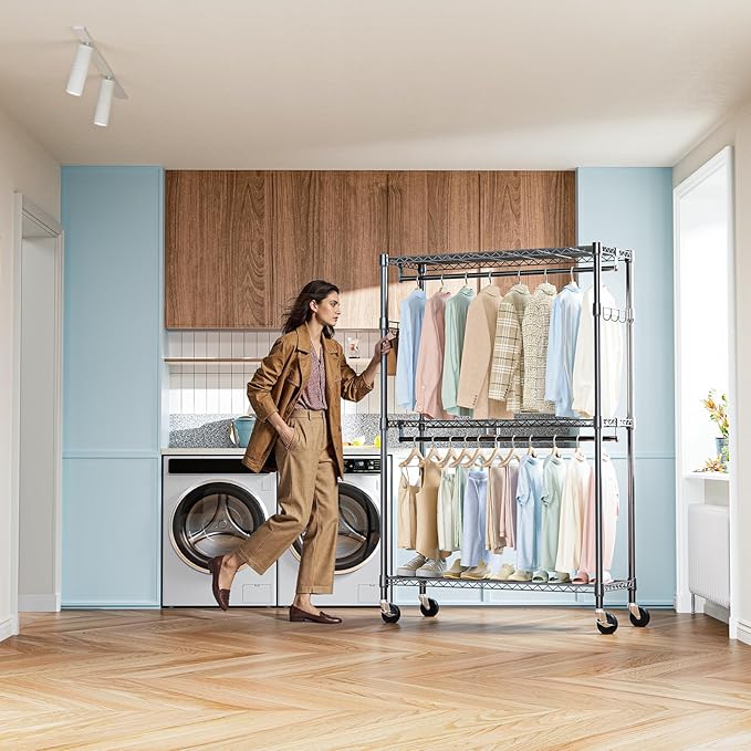 IZEUK Heavy Duty Rolling Garment Rack with 3 Adjustable Wire Shelves, Hanging Rod & Side Hooks - Extra Large Mobile Clothes Rack with Wheels, 47.2" W x 17.7" D x 83.6" H, Black