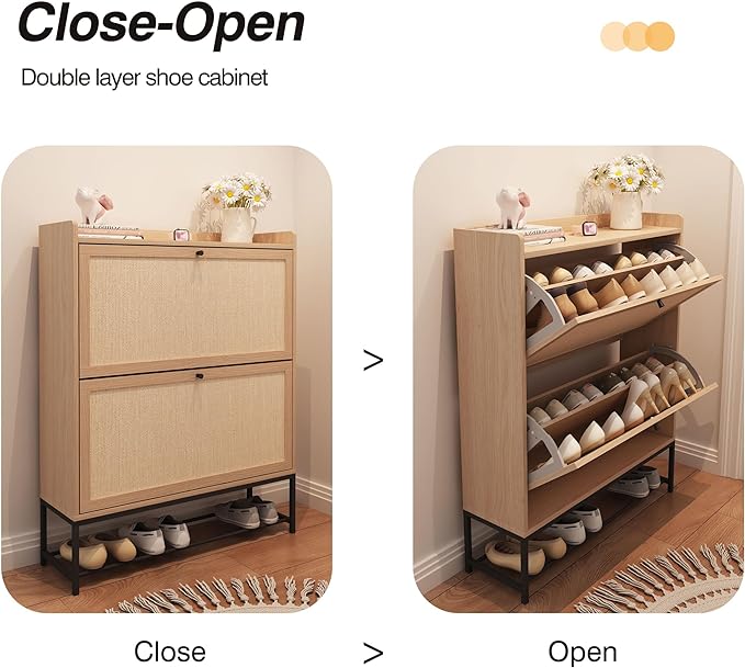 Narrow Shoe Storage Cabinet with 2 Flip Drawers, Freestanding Shoe Organizer Slim Shoe Cabinet Storage, Wooden Closed Shoe Rack for Entryway, Hallway, Living Room, Natural