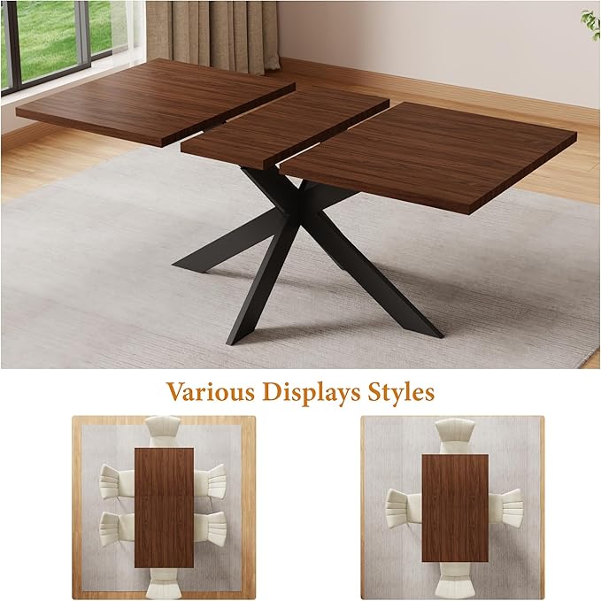 ZckyCine 51"-67" Extendable Dining Table, Modern Walnut Finish Table with Sturdy Metal Frame, Rectangular Kitchen Table for 6-8 People, Easy Assembly