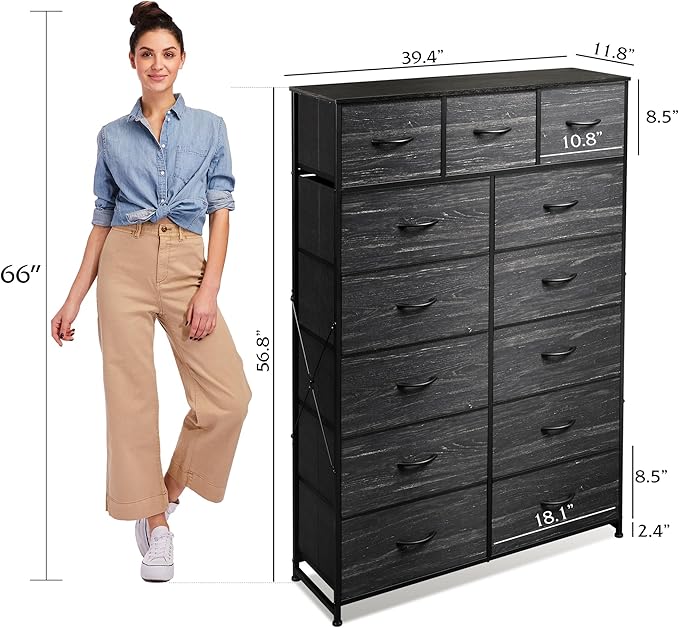 WLIVE Storage Organizer Unit with 13 Fabric Bins, Storage Drawers Organizer with Steel Frame, Tall Storage Tower Organizaton for Living Room, Hallway, Office, Charcoal Black Wood Grain Print