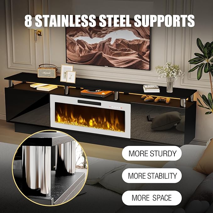 80" Modern Fireplace TV Stand with 36" Electric Fireplace for TVs Up to 90 inch, Luxury LED Light Entertainment Center with High Gloss Cabinet, Black + Silver Posts with White Fireplace