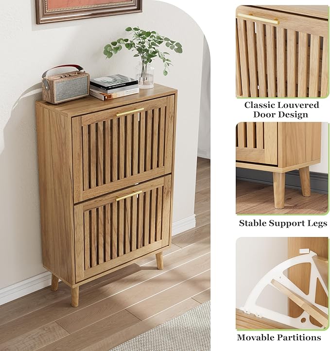 Shoe Storage Cabinet with Louvered 2 Flip Drawers, Narrow Shoe Cabinet Storage for Entryway, Freestanding Shoe Organizer Cabinet with Golden Handles, Slim Shoe Rack Cabinet 23.5in (Natural Wood)