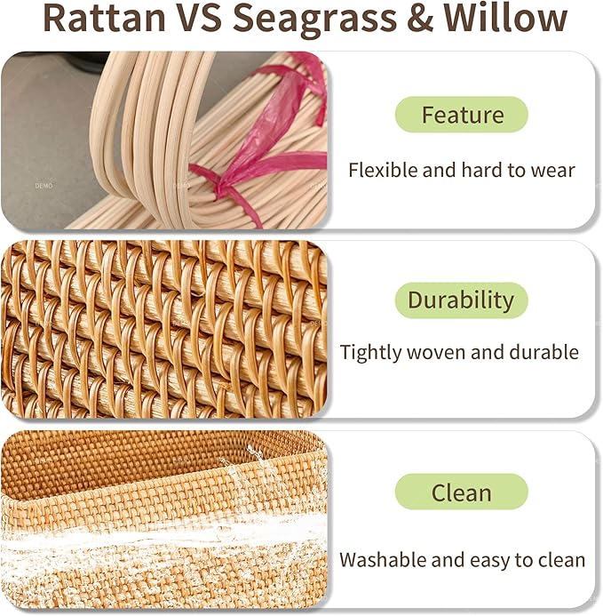 Rattan Basket With Lid,Large Storage Basket Lidded,Rattan Box For Shelf (14.2" L×10.2"W×9.4"H)