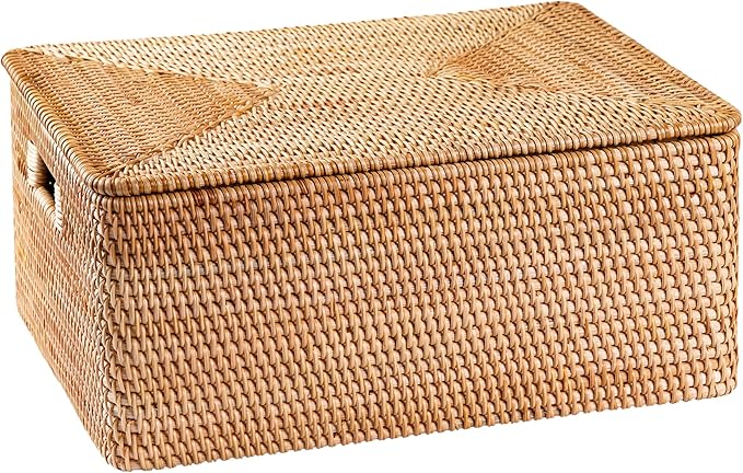 Rattan Basket With Lid, Lidded Basket For Storage(13" L×10.2"W×6.7"H)