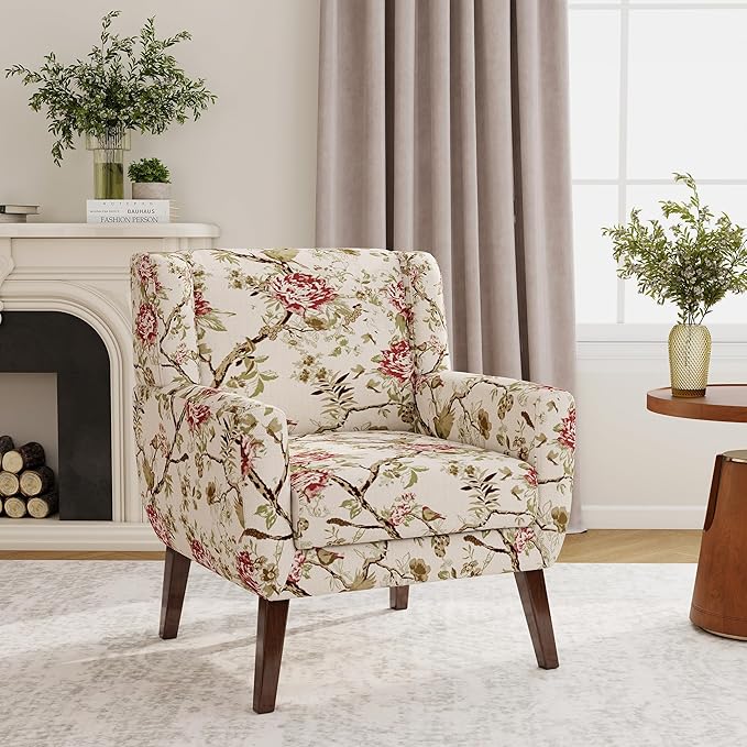 Accent Chair, Modern Fabric Armchair for Living Room, Comfy Upholstered Arm Chair Tufted for Indoor Bedroom Office Room (Pattern Floral)