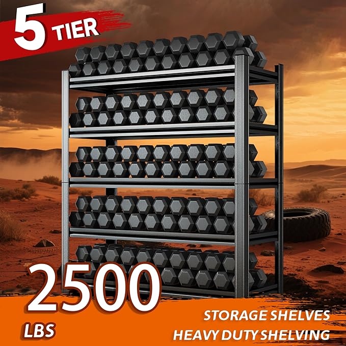 Heavy Duty Shelving 5-Tier Metal Shelves Unit 2500 lbs Capacity, Adjustable Garage Storage Racks for Warehouse Basement Garage, Easy Assembly, Size 45.3W x 19.7D x 63H