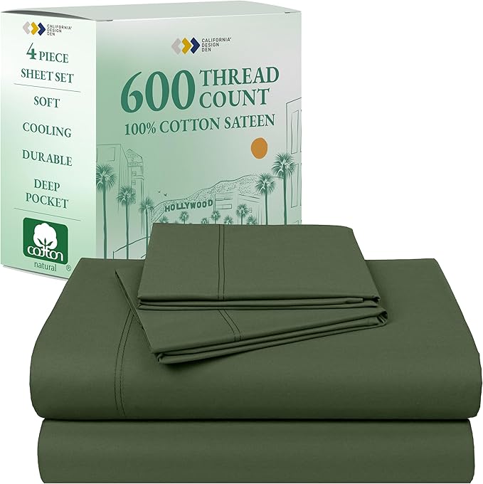 California Design Den 100% Cotton Sheets Queen Size Set - Luxury 600 Thread Count Sateen, Cooling Queen Cotton Sheets with Deep Pockets, Hotel-Quality Bedding - Olive Green