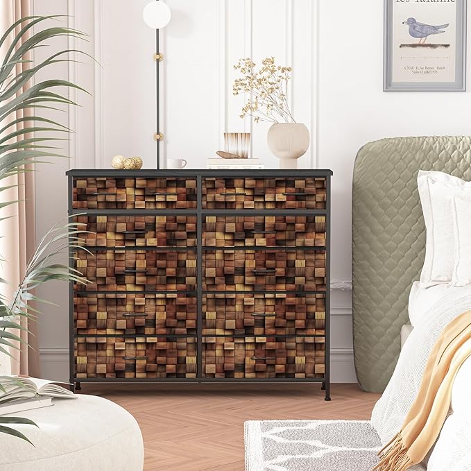 TV Stand Dresser for Bedroom, Tall Fabric Drawer Dresser, Chest of Drawers, Fabric Storage Organizer Cabinet for Closet, Nursery (Solid Brown)