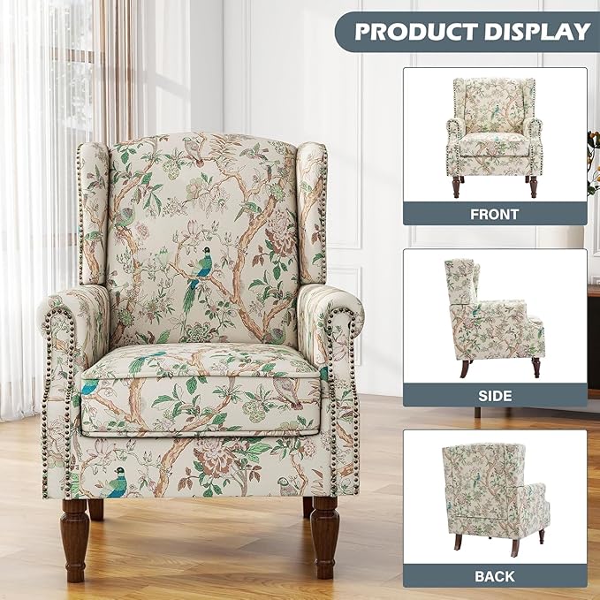 UIXE High Back Floral Accent Chair, Fabric Upholstered Armchair Wingback Arm Club Chair for Living Room, Nailhead Trim Single Sofa Bedroom Side Reading Seat with Solid Wood Legs - Bird Pattern