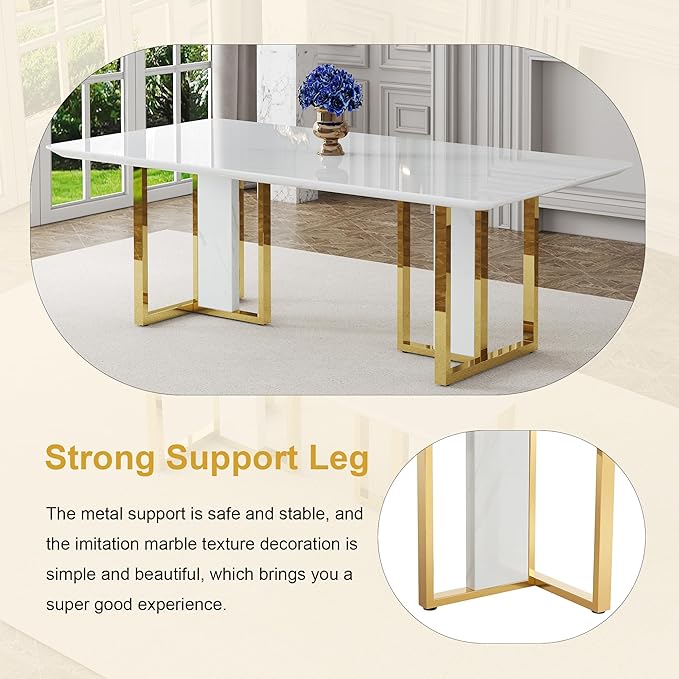 JUFU Dining Room Table Set for 8, 79'' White Faux Marble Dining Room Table and Chairs, Dining Tables for 8 with PU Upholstered Chairs, Modern Dining Table for 8, Ideal for Dining Room and Kitchen