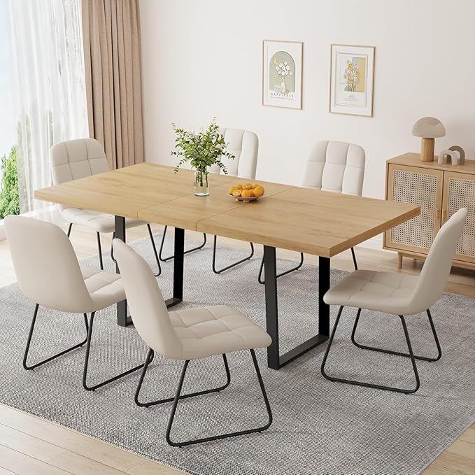 ZckyCine 51"-67" Extendable Dining Table Set for 4-6, Oak Finish Kitchen Table with 6 PU Leather Chairs, Scratch-Resistant MDF Board & Sturdy Metal Legs, Modern Dining Room Furniture