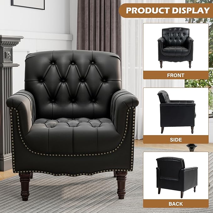 UIXE Black Accent Chair for Living Room, Faux Leather Tufted Arm Chair Retro Upholstered Club Armchair for Bedroom