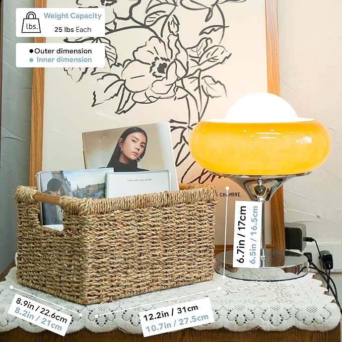 Natural Seagrass Basket with Wooden Handle, Medium Rectuangular Wicker Basket for Living Room 12.2 x 8.9 x 6.7 inches - 3 Pack