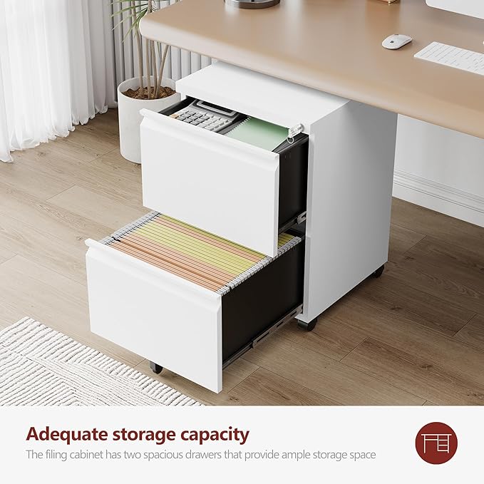 2 Drawer File Cabinet，Mobile Filing Cabinet with Lock and Wheels，Un-Assembled Metal Under Desk File Cabinets for A4/Letter/Legal Size（White