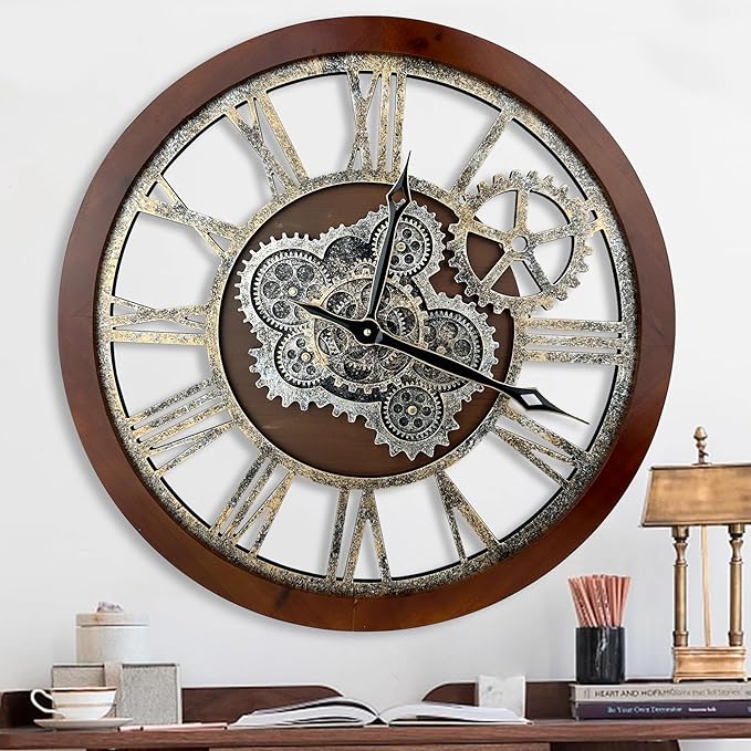 HOIBAI Large Wall Clock, 24 Inch Wall Clocks for Living Room Decor Farmhouse Vintage Rustic Kitchen Wall Decor Vintage Roman Big Oversized Wall Clock for Home Bedroom House Office, Moving Gears Clock