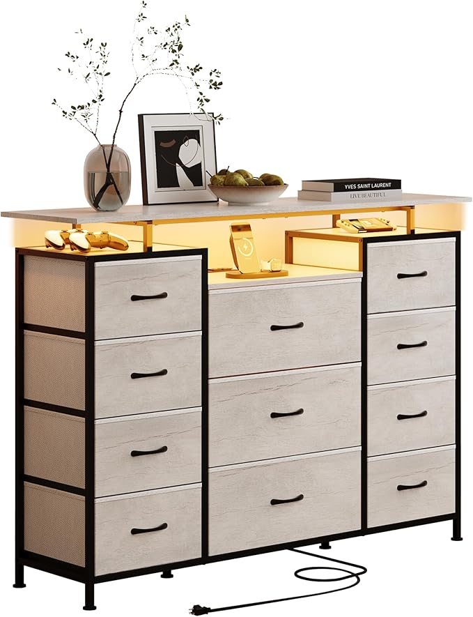 LUMTOK 11 Drawers Dresser with Fabric Drawers,Charging Station, LED Lights and Shelves for Bedroom Storage Organization (Greige)