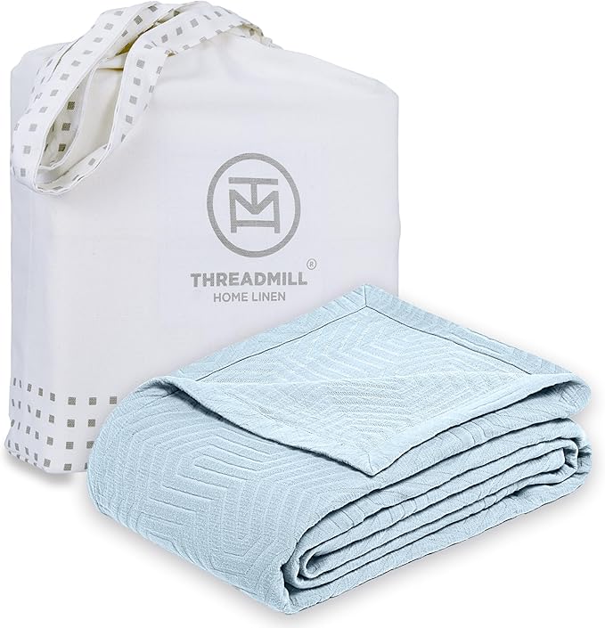 Threadmill Luxury Cotton Blankets for Twin Size Bed | All-Season 100% Cotton Twin Blanket for Bed | Aster Jacquard Lightweight, Soft & Cozy Coverlet, 350GSM, 68 x 90 inches | Light Blue