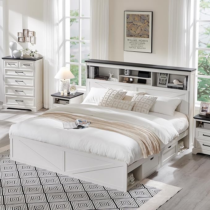 Farmhouse King Size Wood Bed Frame with 52" Tall Storage Headboard and 4 Drawers,LED Light,Charging Station,Solid Wood Slats Support,Noiseless,No Box Spring Needed,Antique White