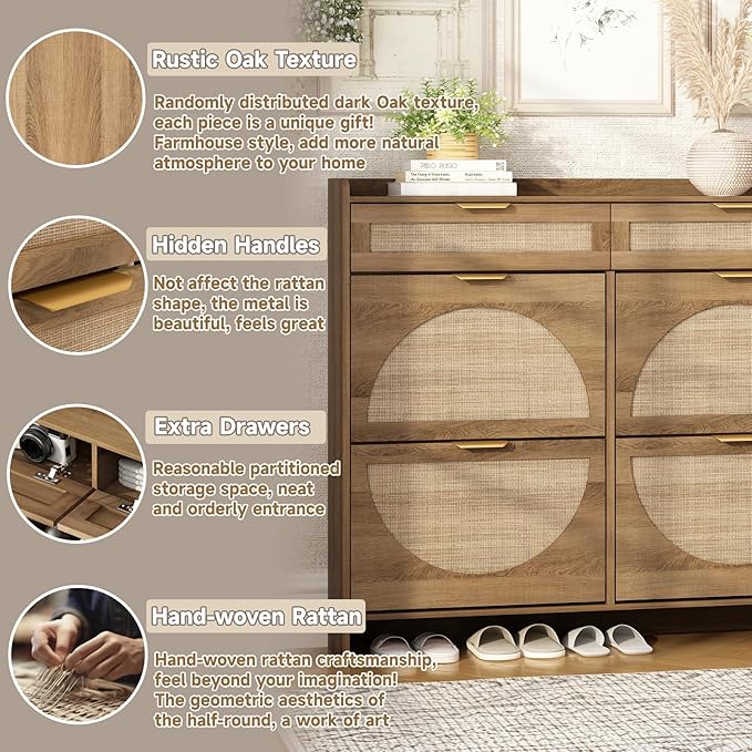 Rattan Shoe Storage Cabinet with 4 Flip Drawers & 2 Drawers, Freestanding Organizer for Front Door Entrance, Hidden Narrow Shoe Rack Cabinet Storage for Entryway, Rustic Oak Rattan