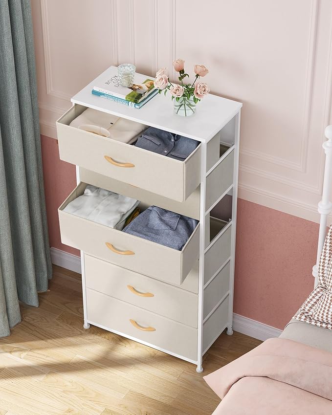 Crestlive Products Dresser for Bedroom with 6 Drawers, Tall Chest of Drawers, Fabric Dressers Bedroom Furniture, Storage Organizer Unit with Bins for Closet, Hallway, Living Room, Entryway(Beige)