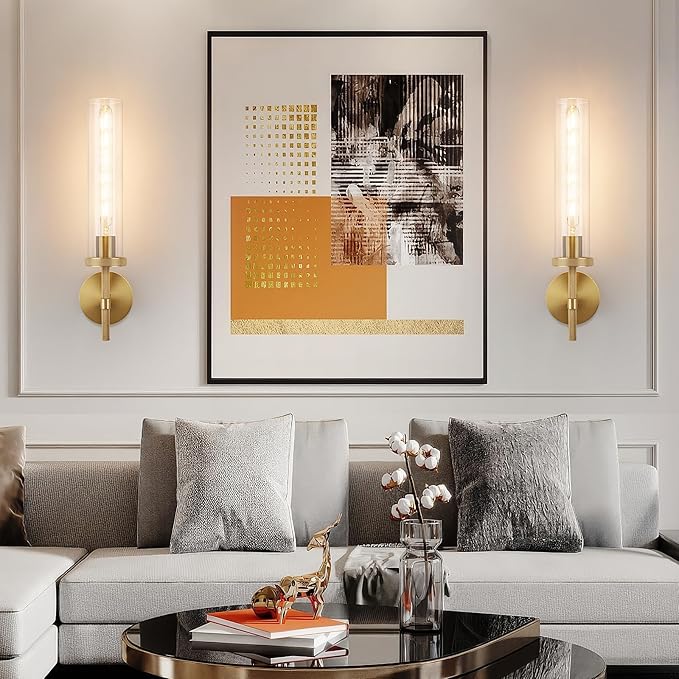 19.5" Knurled Brass Wall Sconce with Clear Glass Tube, Gold Bathroom Vanity Light Fixtures, Modern Lamp Lighting for Bedroom, Living Room, Hallway, Staircase, Mirror, Kitchen