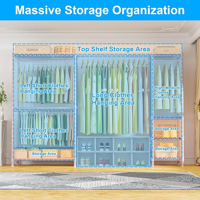 Ulif E10 Clothes Rack（With Stretchable Hanger Rod）Freestanding Clothing Racks for Hanging Clothes，Adjustable Closet Organizer System，Portable Garment Rack 73-97"W x 15" D x 72" H，Max Load 800LBS，Pink