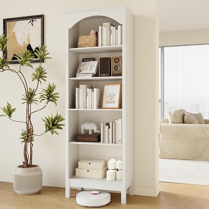 71" H Tall Bookshelf and Bookcase, Farmhouse Book Shelf with 5-Tier Open Shelves, Wooden Bookcase Freestanding Display Bookshelves for Bedroom, Living Room, White