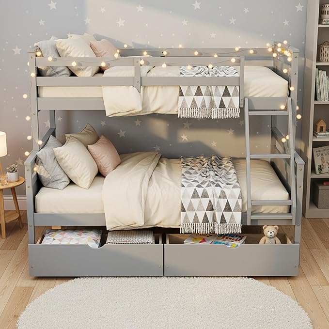 Twin Over Full Bunk Bed with Drawers, Convertible to 2 Separate Beds, Twin Bed Frame with Storage, Ladder and Safety Guardrails, No Box Spring Needed, Perfect for Kids Teens Adults Bedroom, Gray