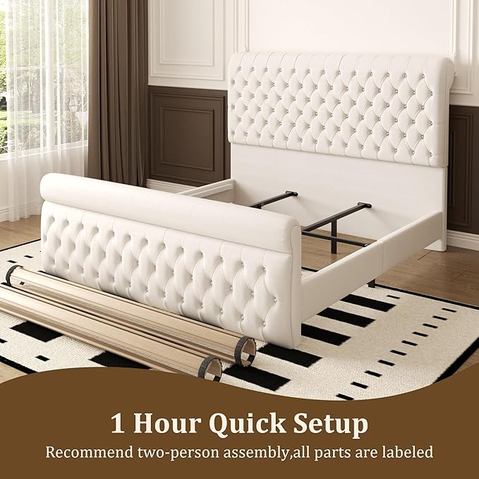 57.5" Tall King Size Upholstered Bed Frame with Rolled Headboard and Footboard, Plaform Bed Frame with Deep Button Tufting, Soft Chenille Fabric, Noise Free, No Spring Box Needed, Beige