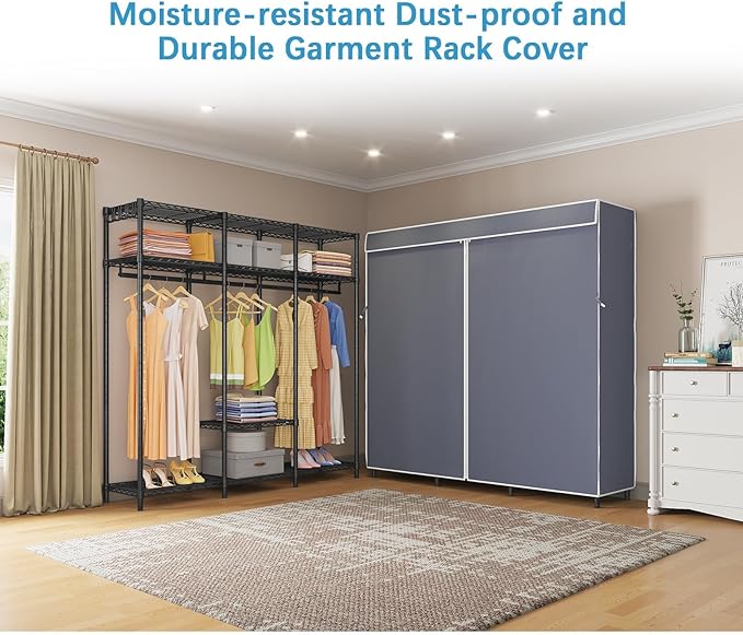 VIPEK V30C Clothes Rack with Cover, Heavy Duty Garment Rack with Oxford Fabric Cover, Portable Closet with Adjustable Shelves & Hang Rods, Freestanding Wardrobe Metal Closet Rack for Hanging Clothes