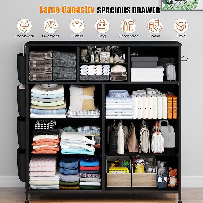 Lulive Dresser for Bedroom with 10 Drawers, Chest of Drawers, Fabric Storage Tower with Side Pockets and Hooks, Organizer Unit for Living Room, Hallway, Closet