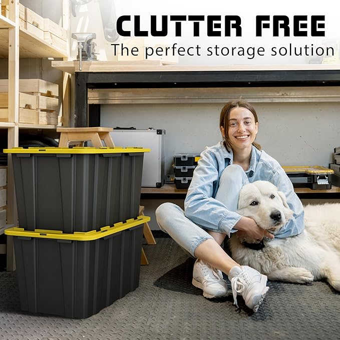 4 Pack of Large 17 Gallon Plastic Storage Bin Tote Organizing Container with Secure Latching Lids, Stackable, Extra Strength Clear with Built in Handle - Black and Yellow