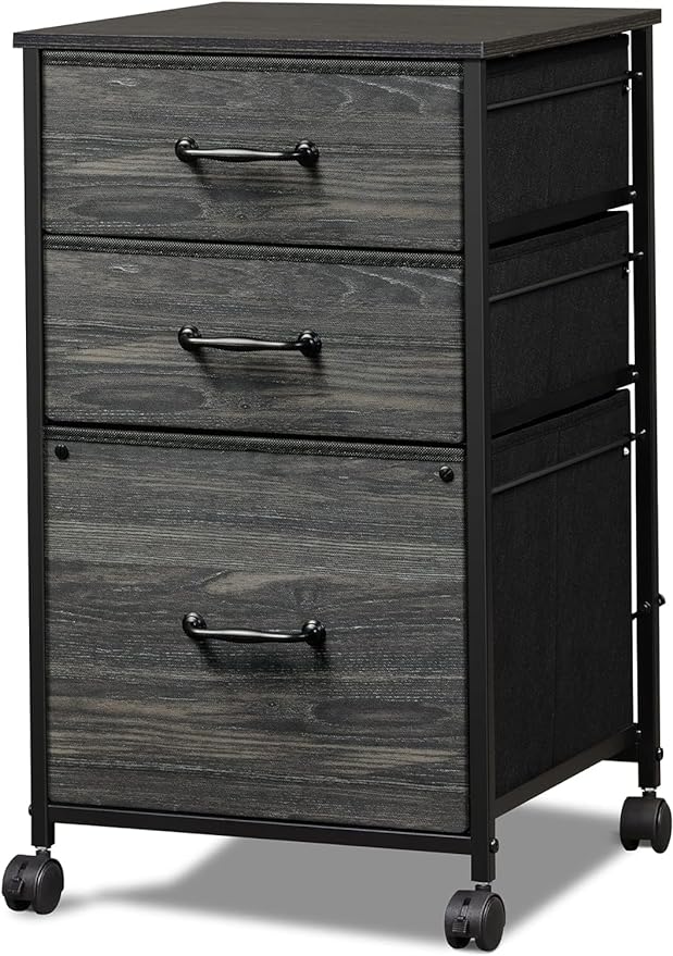 DEVAISE Mobile File Cabinet, Rolling Printer Stand with 3 Drawers, Fabric Vertical Filing Cabinet fits A4 or Letter Size for Home Office, Charcoal Black Wood Grain Print