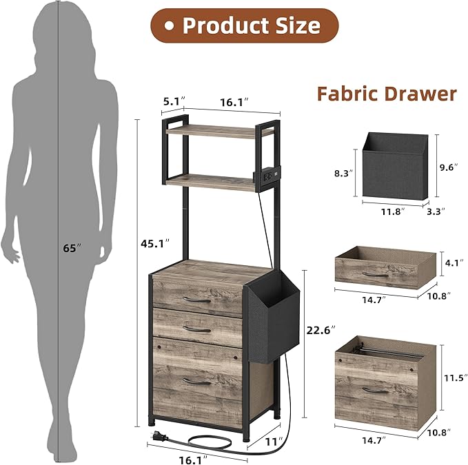 3 Drawer File Cabinet with Charging Station, 3-Tier Tall Filing Cabinet for Home Office, 11''*16'' for Small Printer, Fabric Drawer Fits A4/Letter, Printer Stand 45''H, Grey