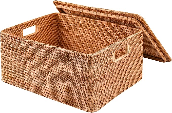Rattan Basket With Lid, Large Lidded Basket For Storage(17.8" L×13.8"W×7.8"H)