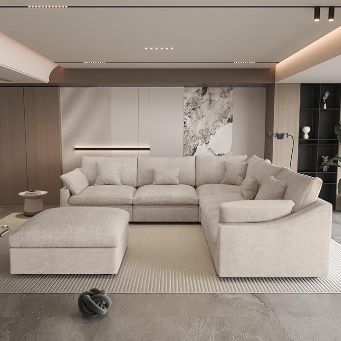 Could Couch Modular Sectional Sofa with Ottoman,Down Filled 120inch V Shaped Couch,Convertible Sofa Bed Living Room Set,6 Seat Sleeper Couched Bed, Cover Washable and Replaceable
