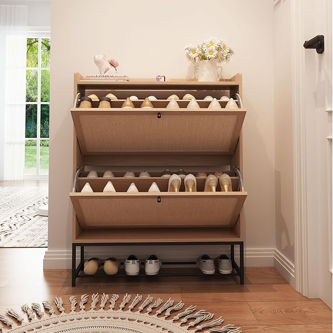 Narrow Shoe Storage Cabinet with 2 Flip Drawers, Freestanding Shoe Organizer Slim Shoe Cabinet Storage, Wooden Closed Shoe Rack for Entryway, Hallway, Living Room, Natural