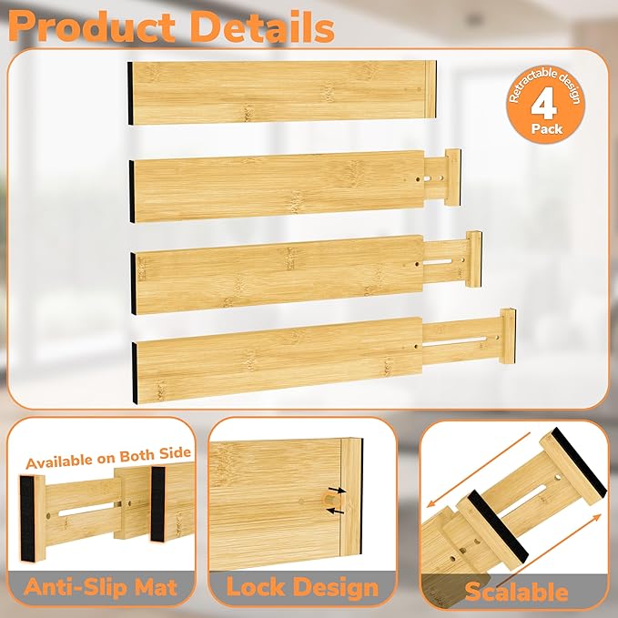BAMEOS 3" H Bamboo Drawer Dividers - Adjustable Expandable Drawer Organizer - Kitchen, Bathroom, Bedroom & Office, 4-pack