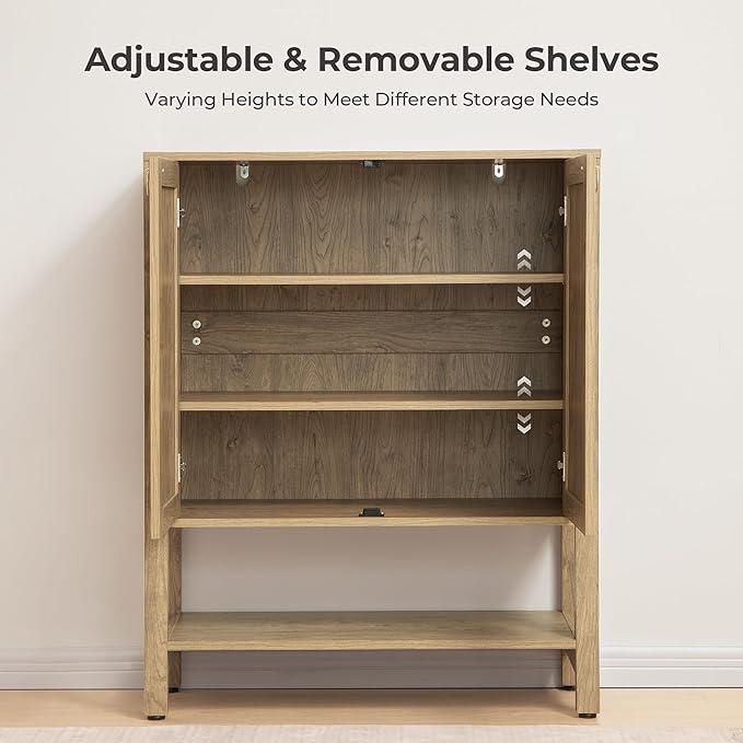 SICOTAS Rattan Shoe Cabinet with Storage - 5 Tier Farmhouse Boho Shoe Organizer Storage Cabinet with Shelves & Doors, Tall Shoe Rack Cabinet for Entryway, Living Room, Closet (Carbon Cherry)