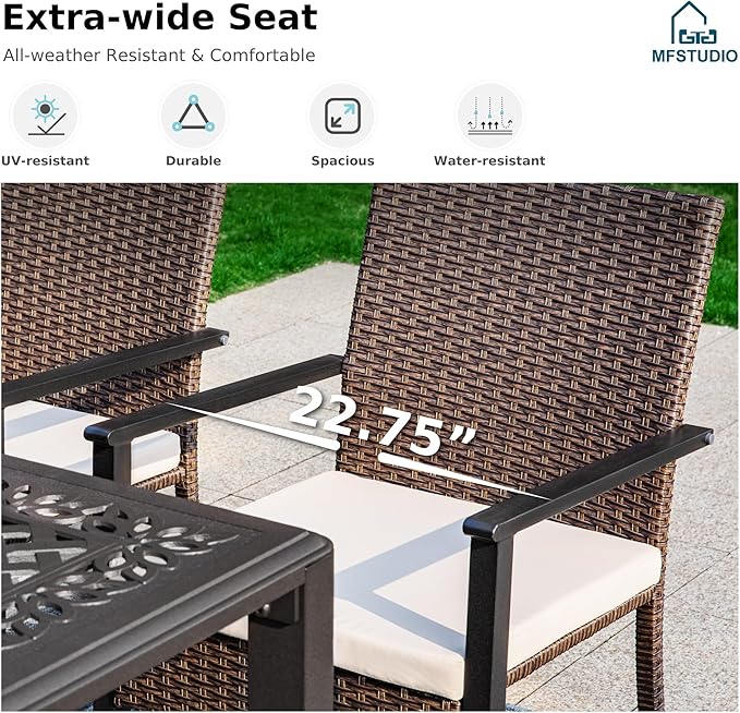 MFSTUDIO Outdoor Patio Dining Sets for 8, All Weather Square Cast Aluminum Outdoor Table and 6 Wicker Chairs, 7 Piece Patio Furniture Set for Deck, Backyard, Garden