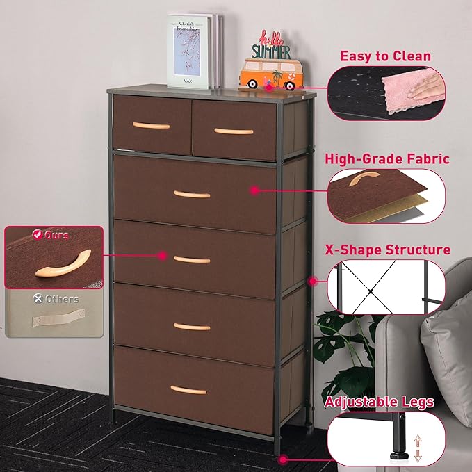 Tall Dresser for Bedroom, Vertical Storage Organizer Tower with 6 Drawers, Chest of Drawers with Fabric Bins, Steel Frame, Wood Top for Bedroom, Closet, Entryway- Brown