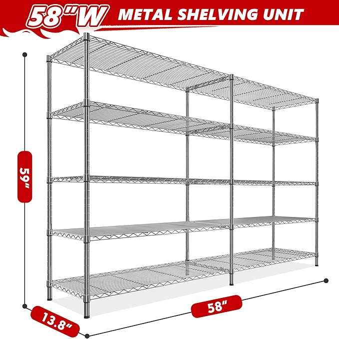 REIBII 58" W 5 Tier Heavy Duty Wire Shelving Unit with Adjustable Shelves - 1400LB Metal, Chrome - 58" W x 59" H x 13.8" D - Garage, Pantry, Kitchen