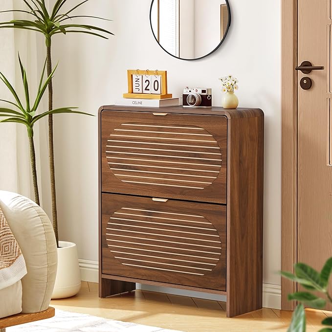 Curved Narrow Shoe Storage Cabinet for Entryway with 2 Flip Drawers, Wood Shoe Cabinet with Arched Panel, Freestanding Shoe Organizer Closed Shoe Rack for Hallway, Foyer, Walnut