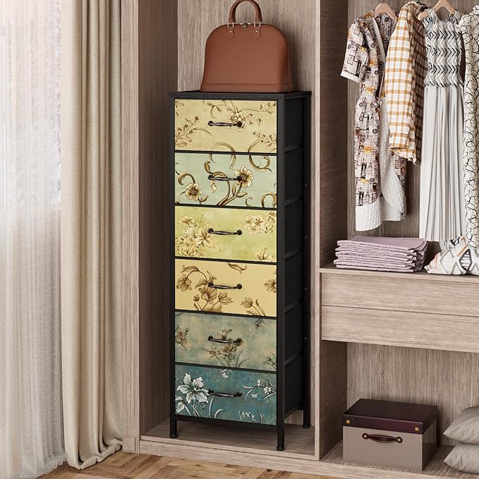 Furnulem Tall 6 Drawers Dresser, Vintage Storage Organizer Unit with Fabric Bins for Bedroom, Living Room, Closet, Nusery, Dorm, Entryway, Bedside Furniture, Sturdy Metal Frame, Wood Top