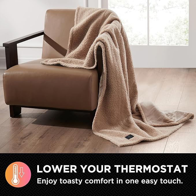 Brookstone Heated Throw Blanket - Heat Blankets Electric - Faux Fur Heated Throw Blanket- 4 Heat Settings, 4-Hour Auto Shut Off, 100% Polyester, 50"x60" - Brown