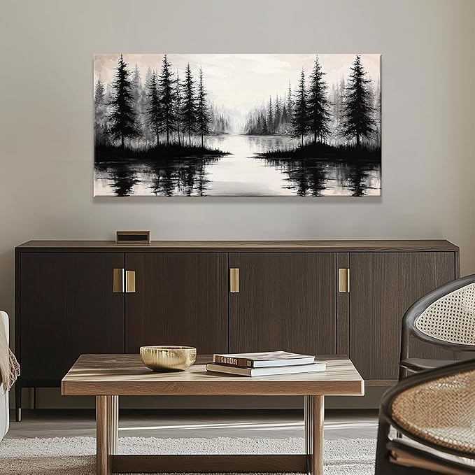 QSQ Black Wall Art For Living Room Canvas Art Wall Decor Print Modern Wall Art Forest River Landscape Painting Picture For Bedroom Office Apartment Hotel Home Wall Decoration 24 X 48 In