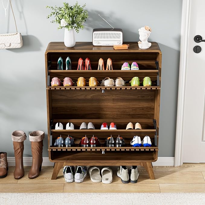 Fluted Narrow Shoe Cabinet for Entryway, Slim Wood Shoe Storage Cabinet with Flip Drawers, Bamboo Thin Shoe Rack Organizer for Entry Way, Hallway, Hidden, Walnut